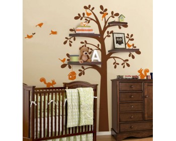 Tree  with Shelves, Birds Cage & Squirrel Wall Decal